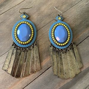 Chandelier Blue Stone, Yellow Beaded Boho Metal Fringe Boho, Artisan Earrings